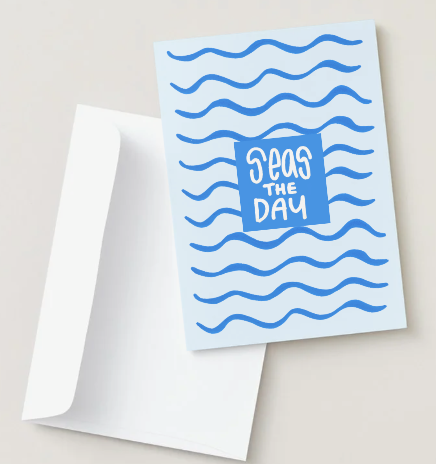 Card with 'Seas the Day' text and wavy lines on a light blue background